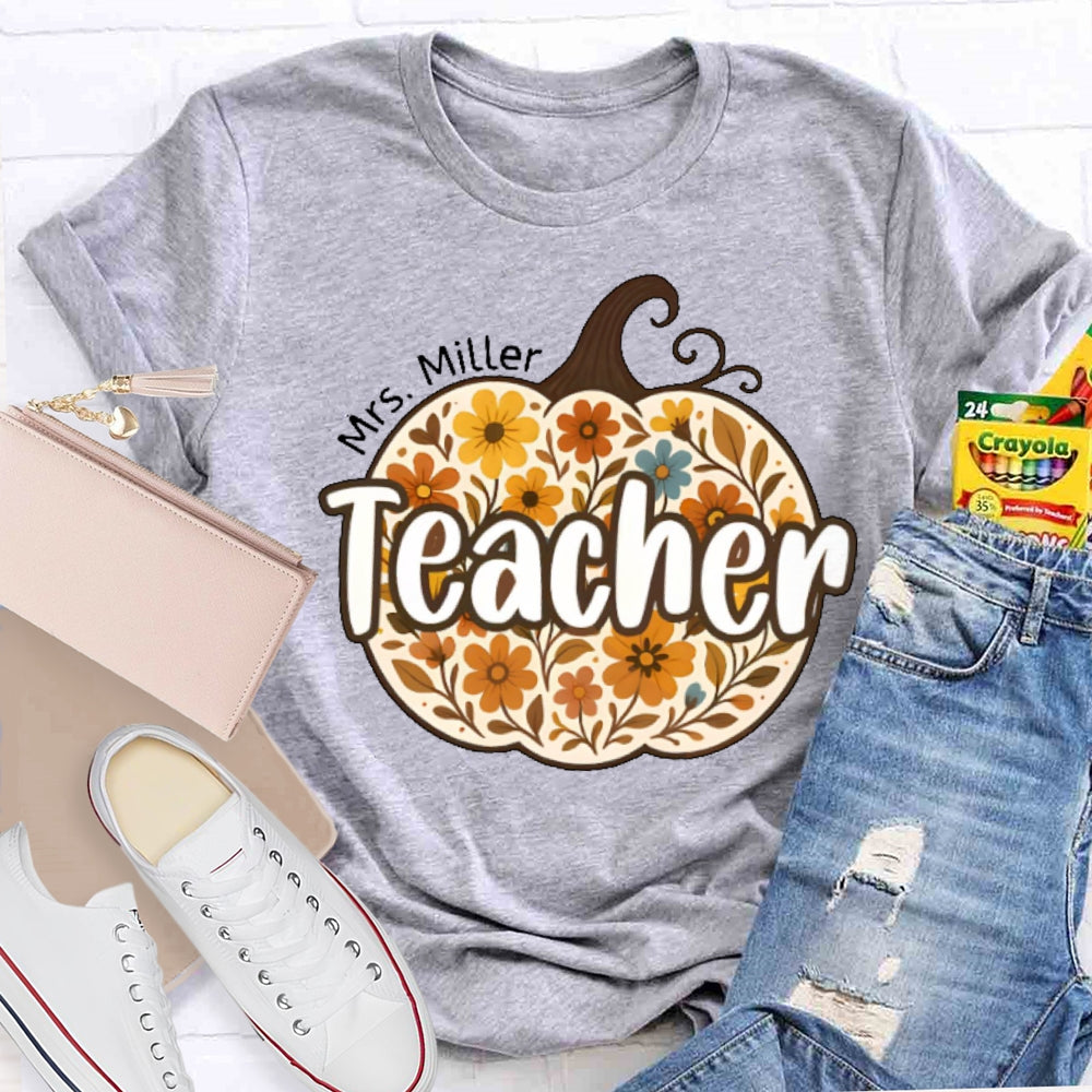 Personalized Name Teacher Pumpkin Flowers T-shirt
