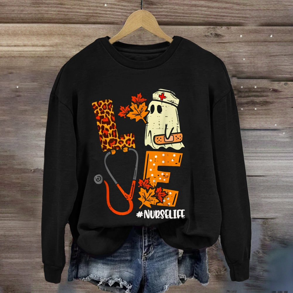 Love School Nurse Life Leopard Print Font And Maple Leaves sweatshirt