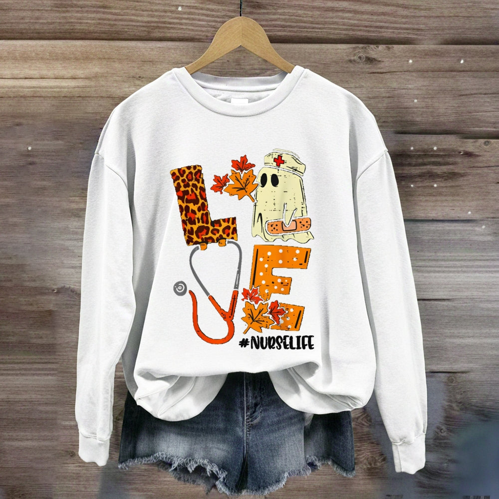 Love School Nurse Life Leopard Print Font And Maple Leaves sweatshirt