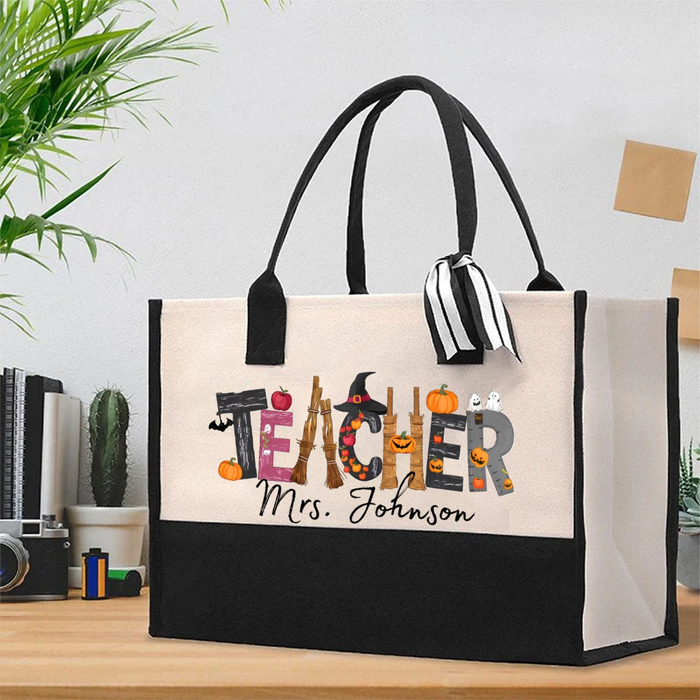 Personalized Halloween Teacher Name Cotton Tote Bag