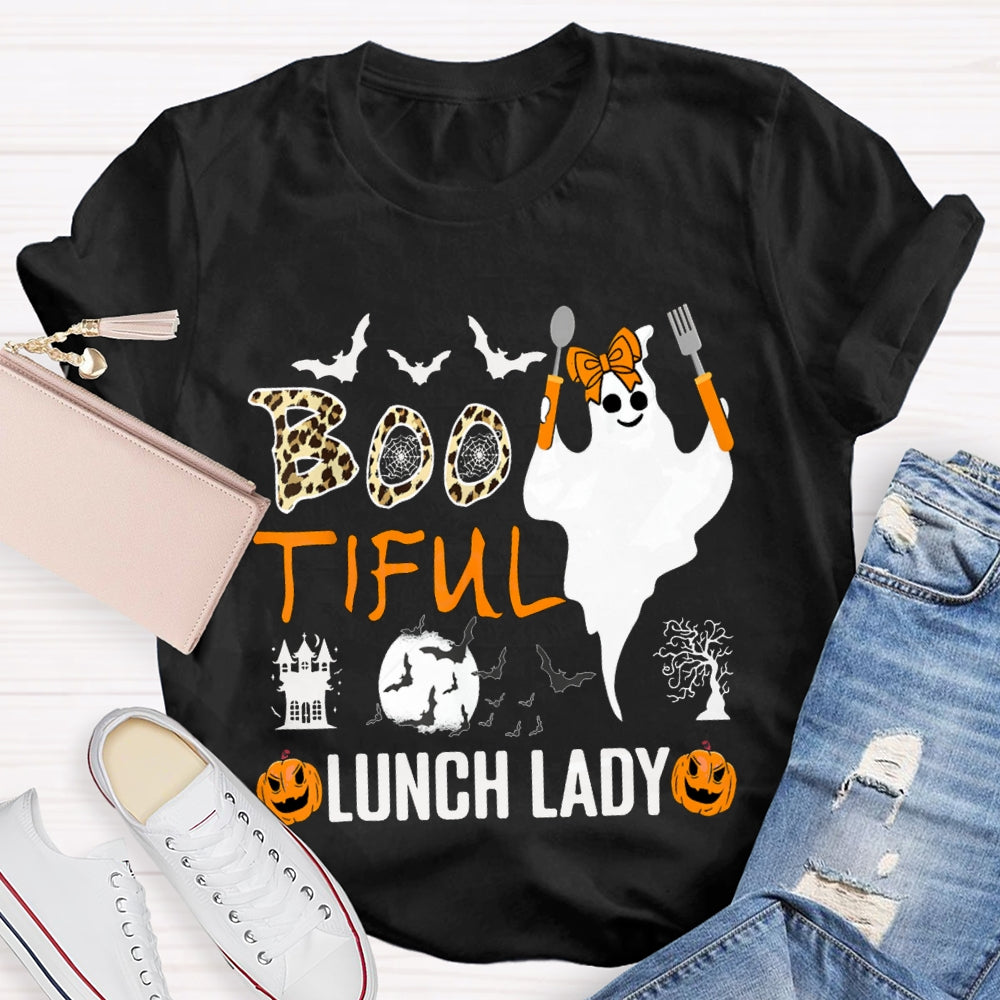 Boo Tiful Lunch Lady Ghost Holding Cooking Utensils T-shirt