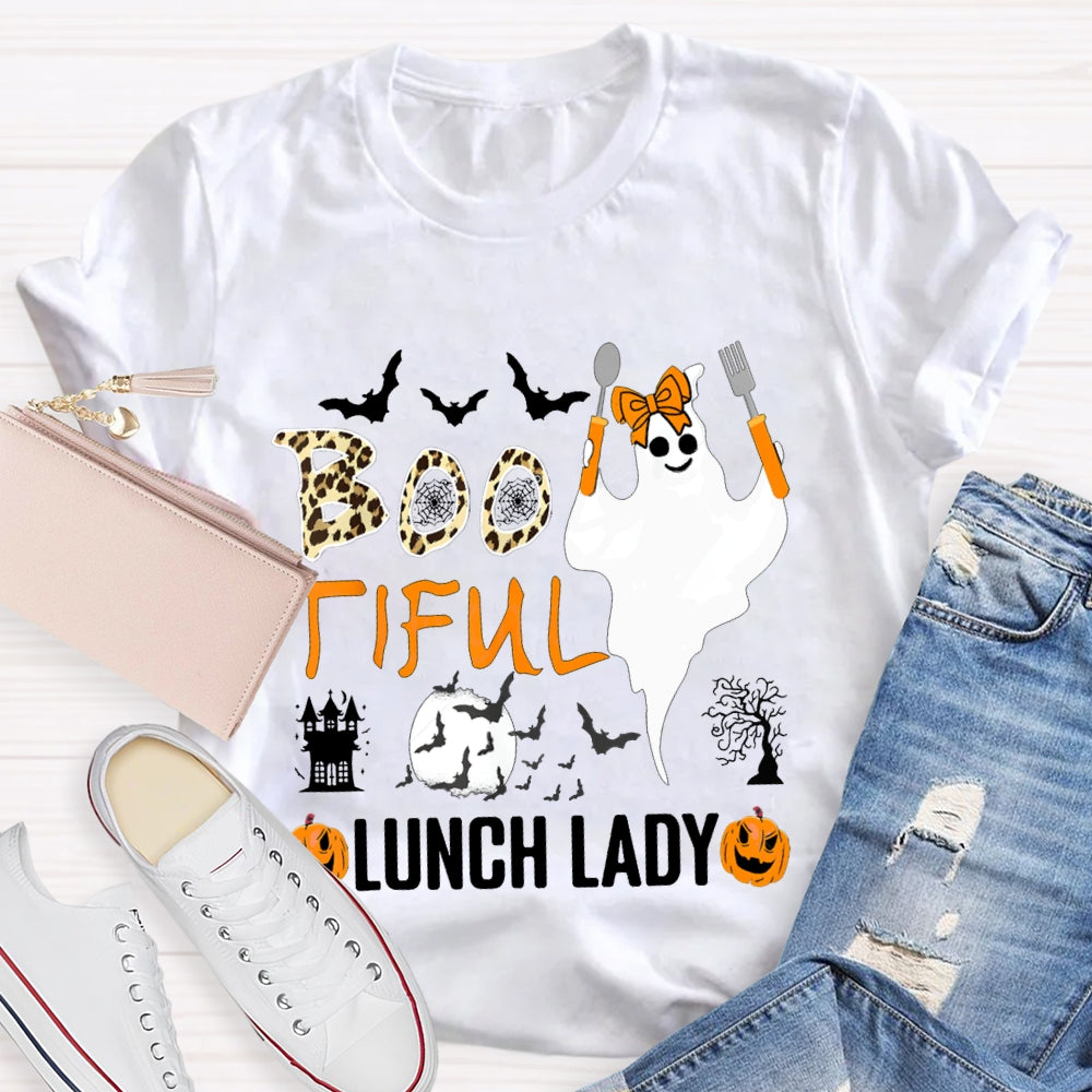 Boo Tiful Lunch Lady Ghost Holding Cooking Utensils T-shirt