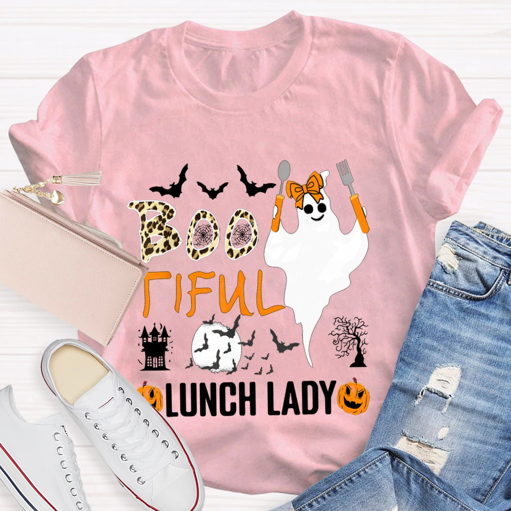 Boo Tiful Lunch Lady Ghost Holding Cooking Utensils T-shirt