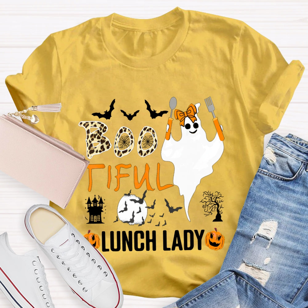 Boo Tiful Lunch Lady Ghost Holding Cooking Utensils T-shirt