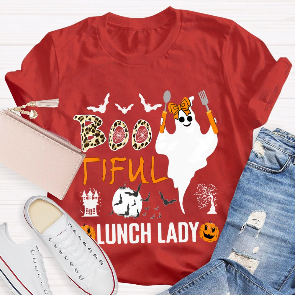 Boo Tiful Lunch Lady Ghost Holding Cooking Utensils T-shirt