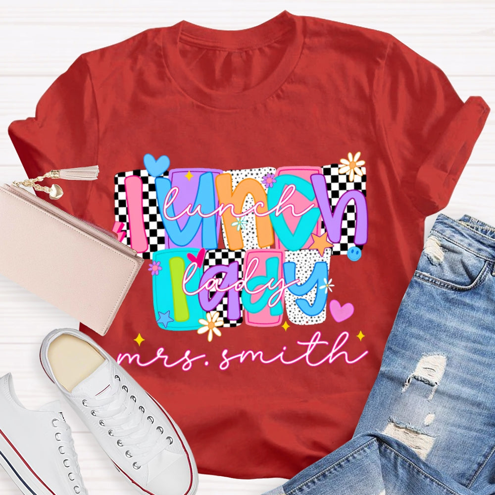 Personalized Name Lunch Lady Tiled Color Fonts T-shirt