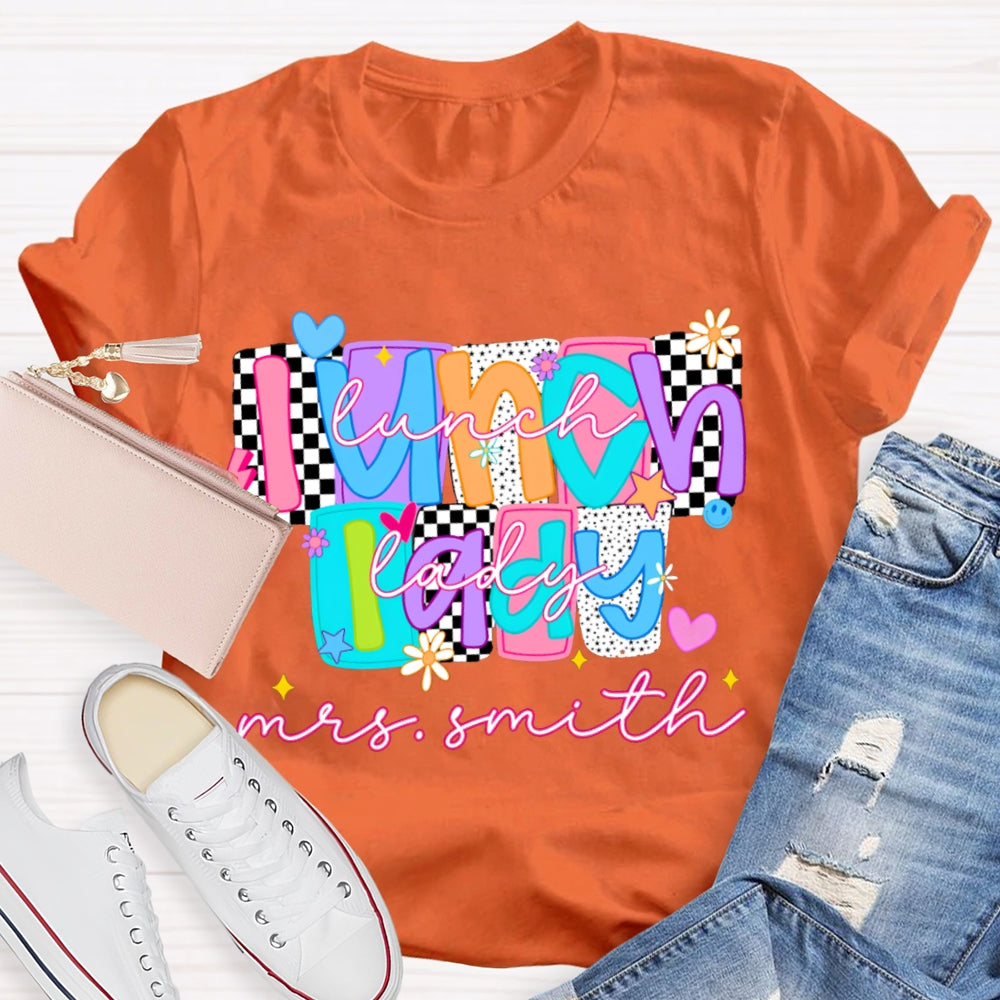 Personalized Name Lunch Lady Tiled Color Fonts T-shirt