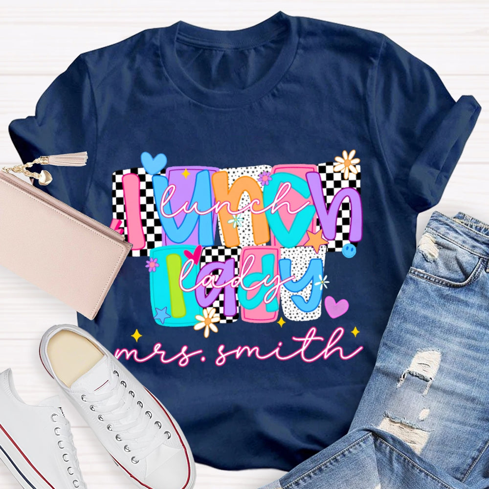 Personalized Name Lunch Lady Tiled Color Fonts T-shirt