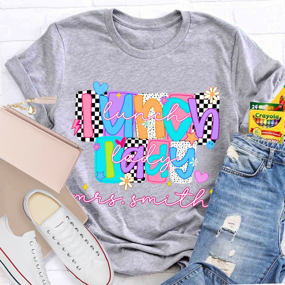 Personalized Name Lunch Lady Tiled Color Fonts T-shirt