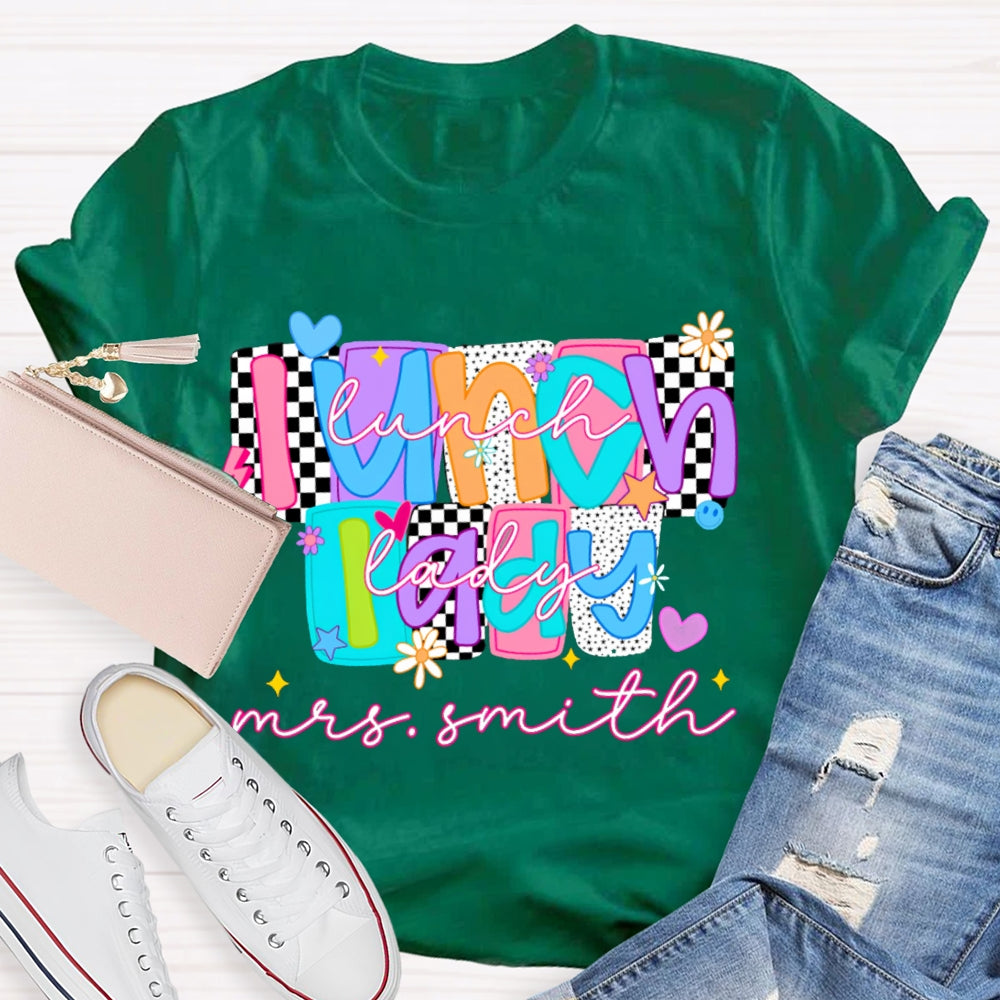 Personalized Name Lunch Lady Tiled Color Fonts T-shirt