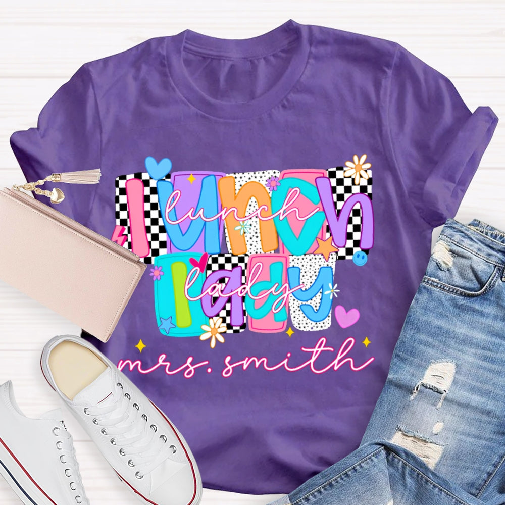 Personalized Name Lunch Lady Tiled Color Fonts T-shirt