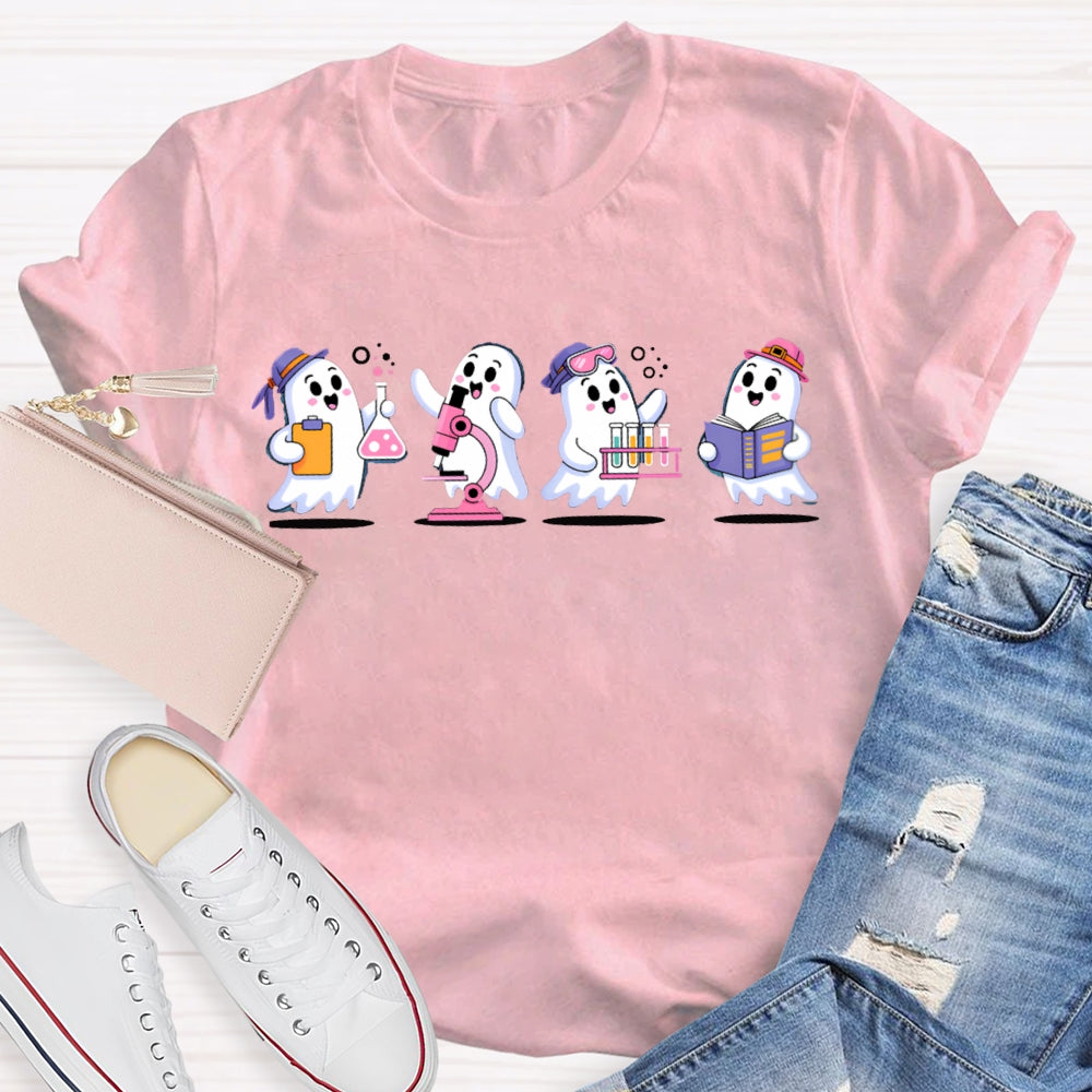 Four Little Ghosts Doing Experiments Science Teacher Halloween T-shirt