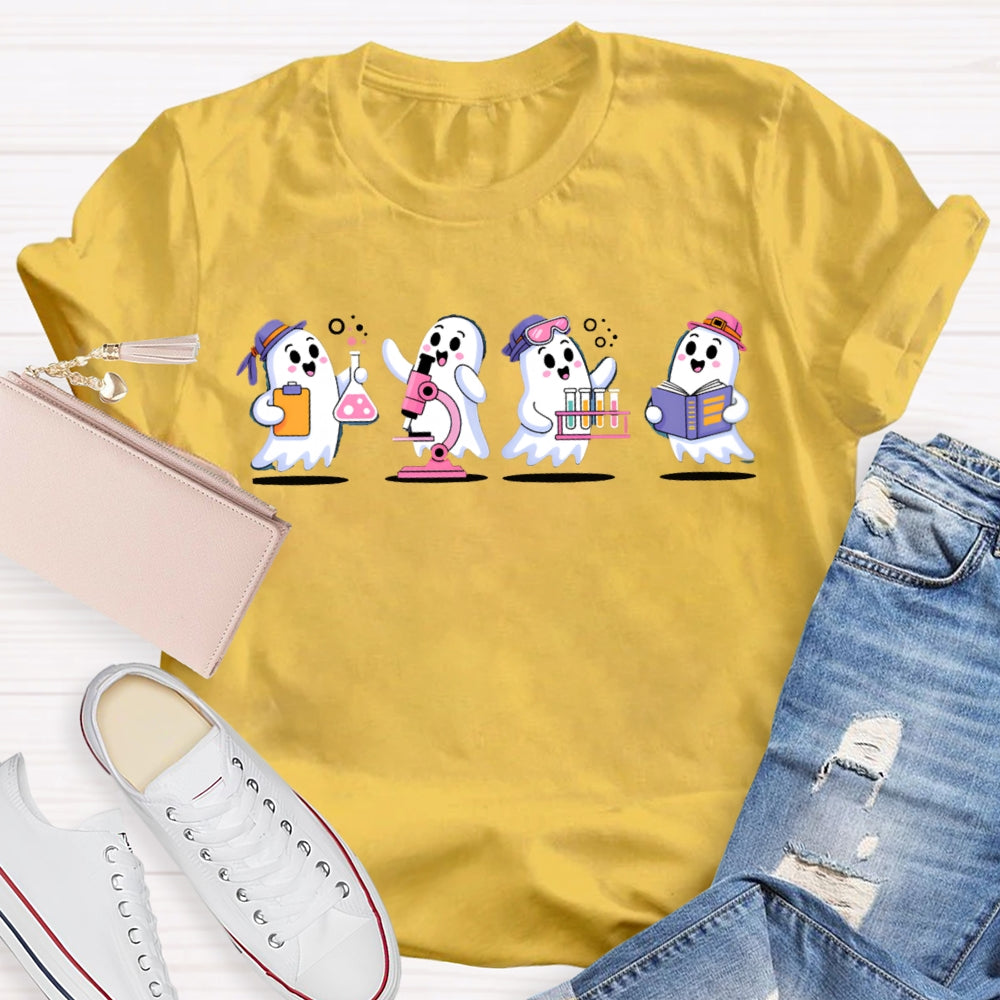 Four Little Ghosts Doing Experiments Science Teacher Halloween T-shirt