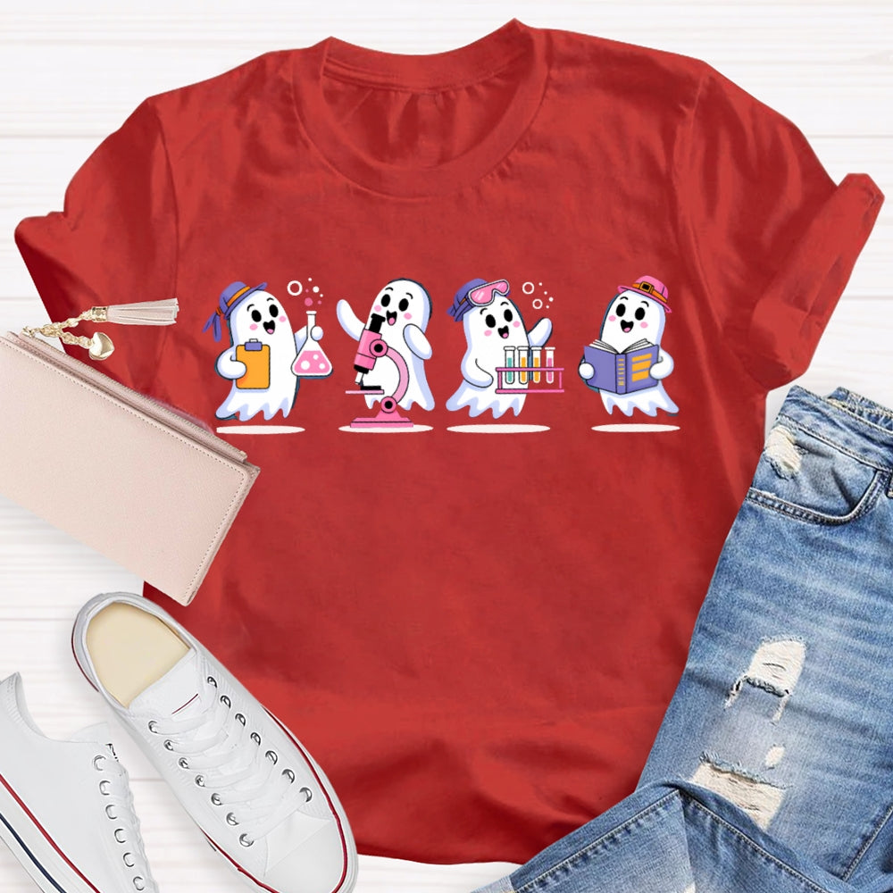 Four Little Ghosts Doing Experiments Science Teacher Halloween T-shirt
