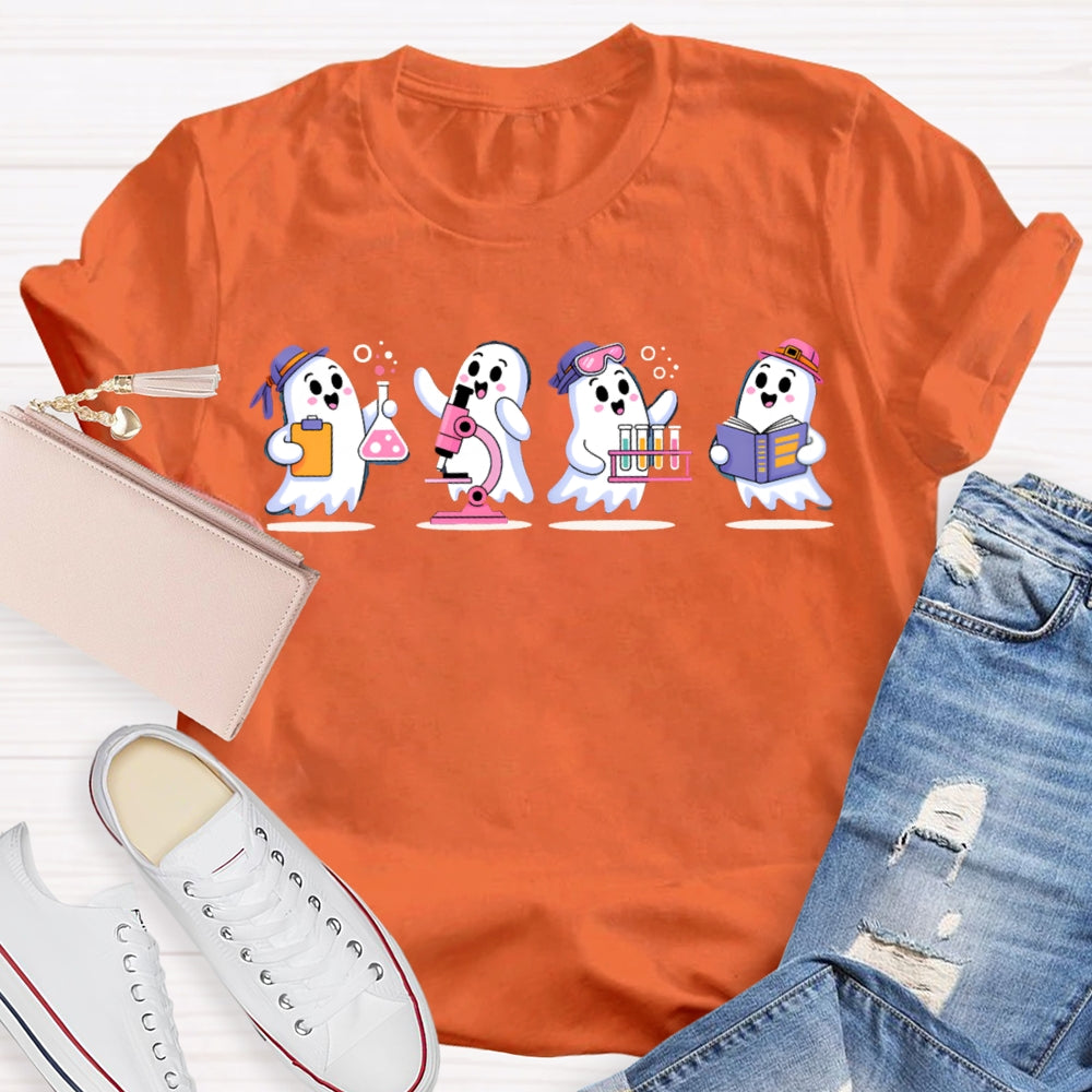 Four Little Ghosts Doing Experiments Science Teacher Halloween T-shirt