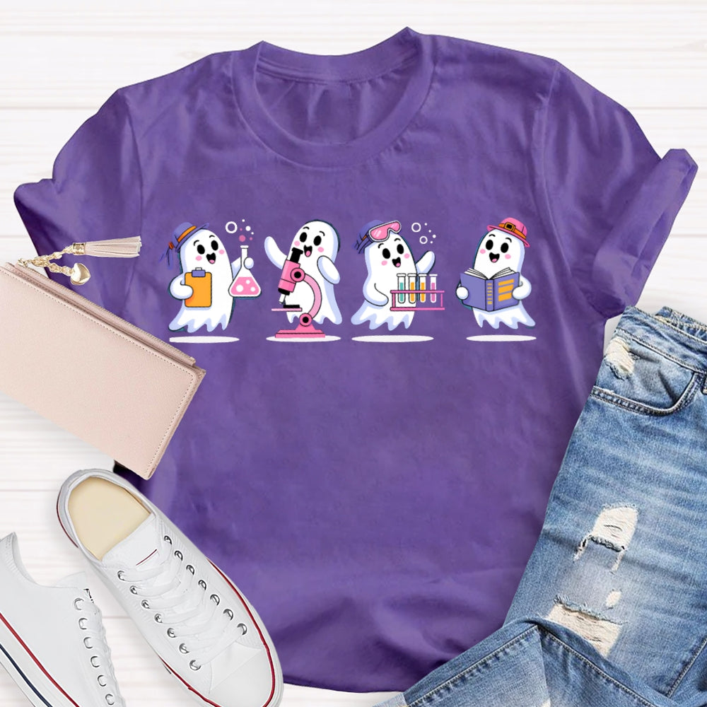 Four Little Ghosts Doing Experiments Science Teacher Halloween T-shirt