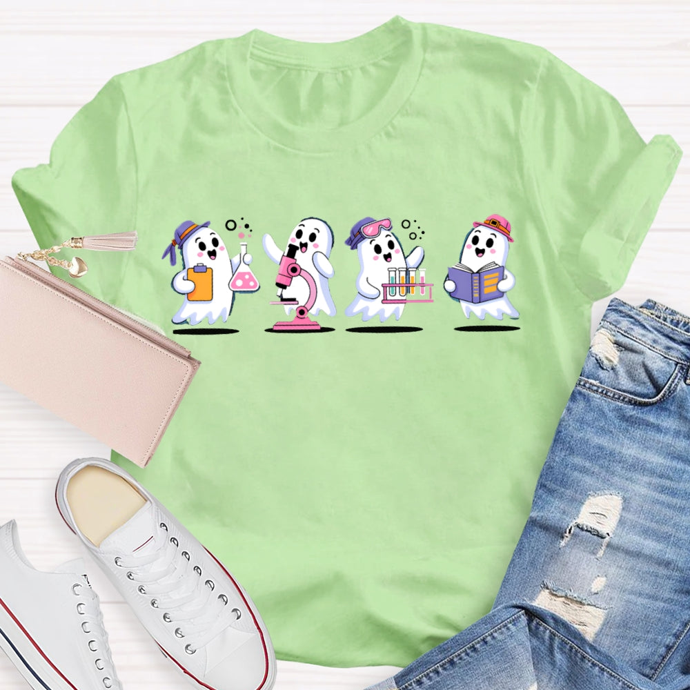 Four Little Ghosts Doing Experiments Science Teacher Halloween T-shirt