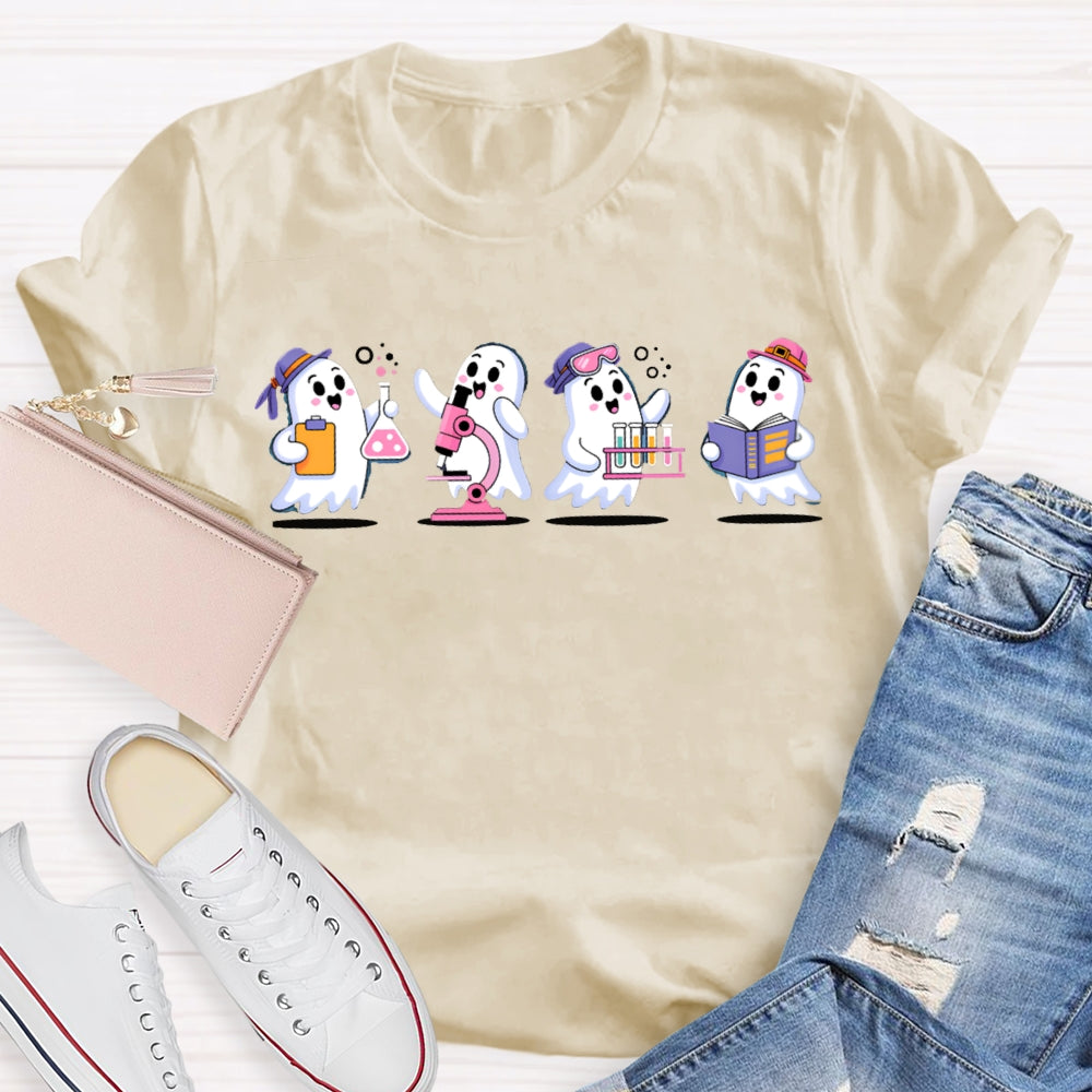 Four Little Ghosts Doing Experiments Science Teacher Halloween T-shirt