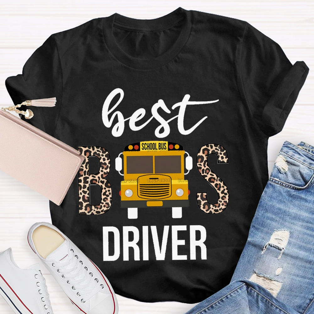 Best School Bus Driver Leopard Print Font And School Bus T-shirt