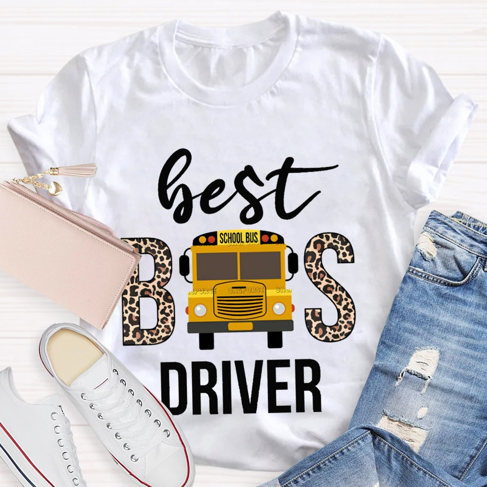 Best School Bus Driver Leopard Print Font And School Bus T-shirt