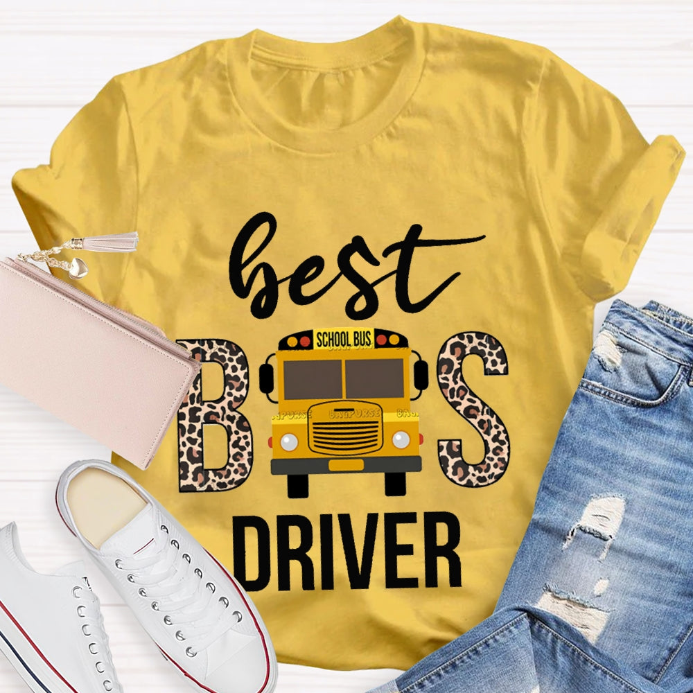 Best School Bus Driver Leopard Print Font And School Bus T-shirt