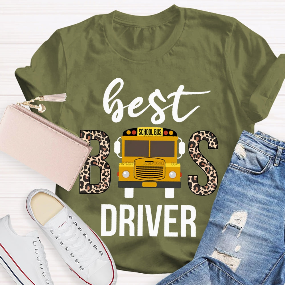 Best School Bus Driver Leopard Print Font And School Bus T-shirt