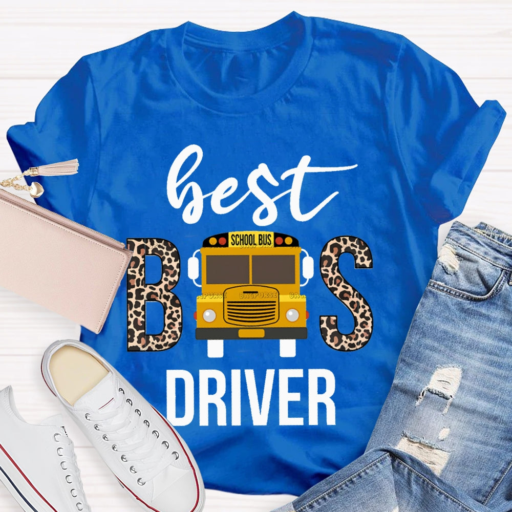Best School Bus Driver Leopard Print Font And School Bus T-shirt