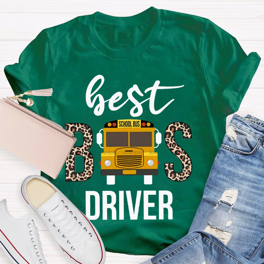 Best School Bus Driver Leopard Print Font And School Bus T-shirt