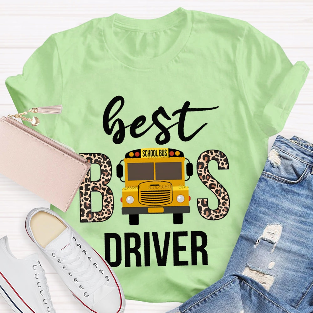 Best School Bus Driver Leopard Print Font And School Bus T-shirt