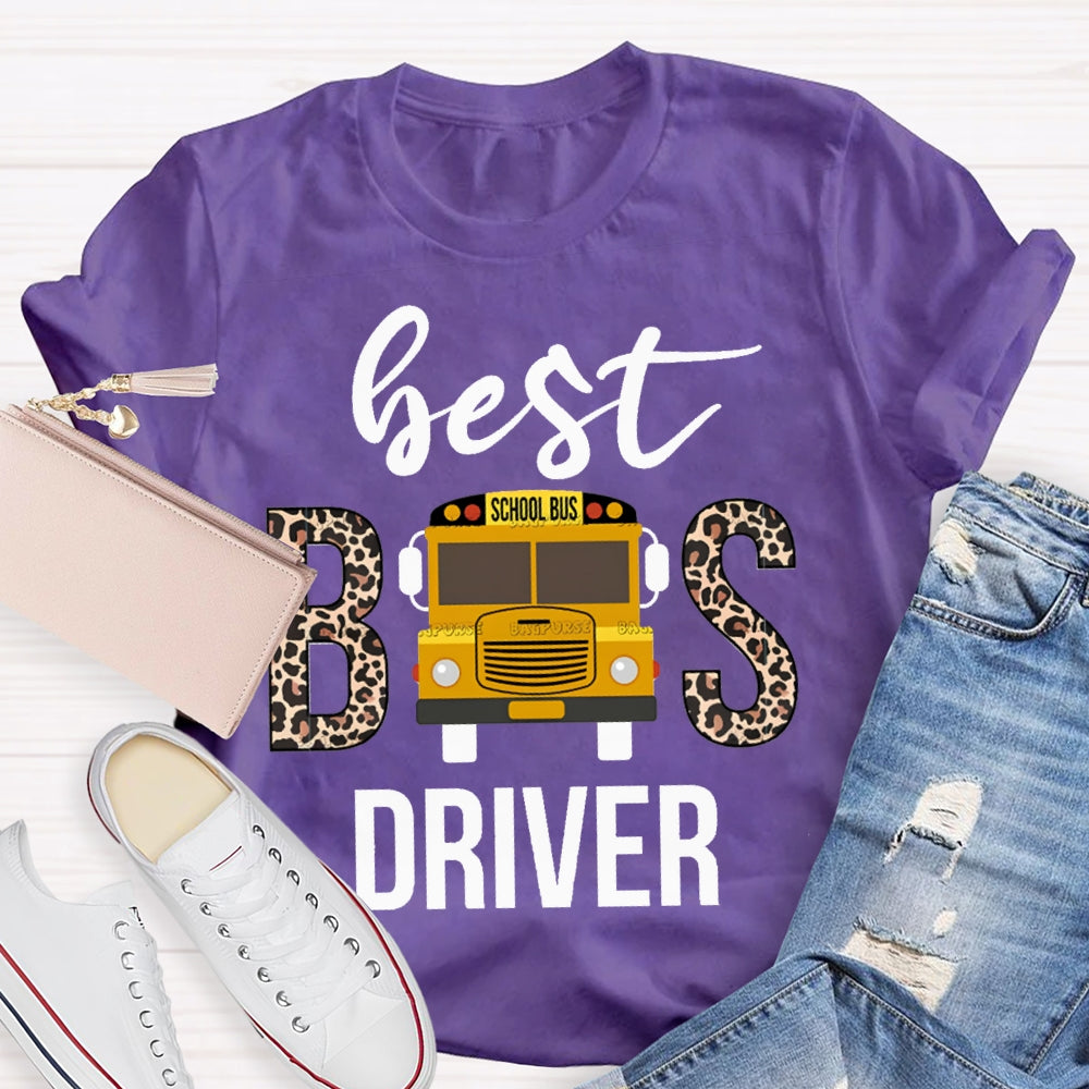 Best School Bus Driver Leopard Print Font And School Bus T-shirt