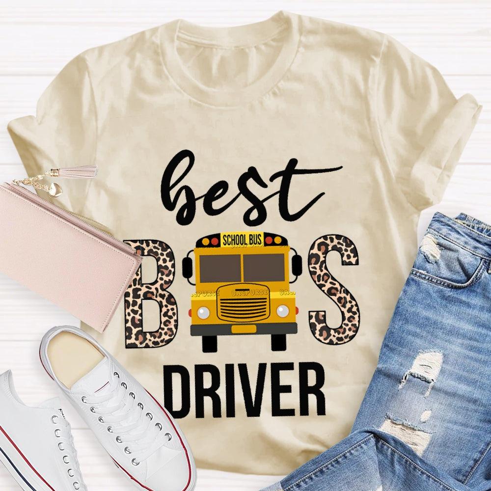 Best School Bus Driver Leopard Print Font And School Bus T-shirt
