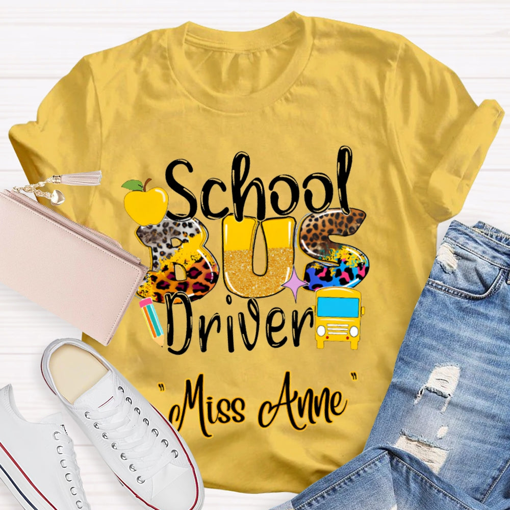 Personalized Name School Bus Driver Apple And Leopard Font T-shirt