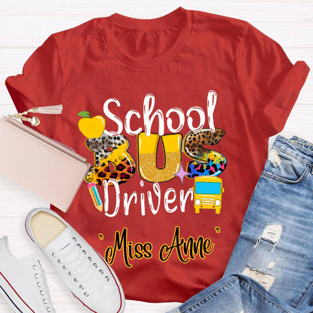 Personalized Name School Bus Driver Apple And Leopard Font T-shirt