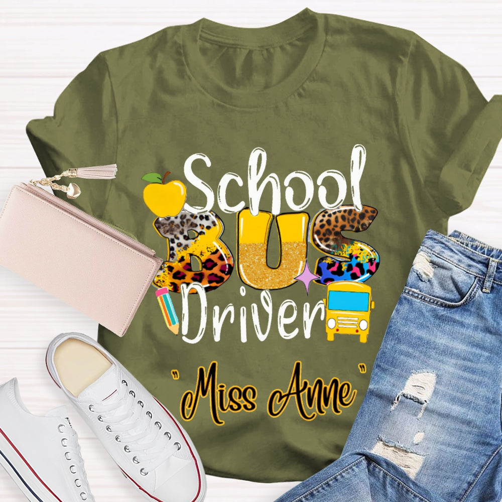 Personalized Name School Bus Driver Apple And Leopard Font T-shirt