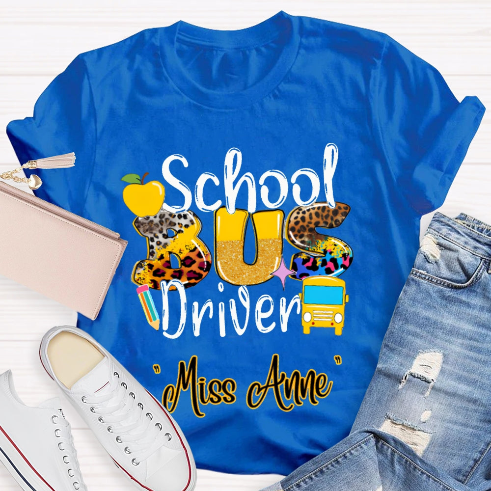Personalized Name School Bus Driver Apple And Leopard Font T-shirt