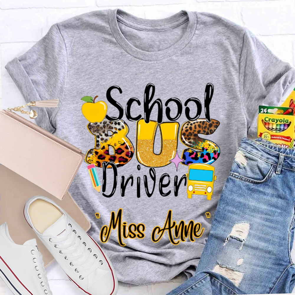 Personalized Name School Bus Driver Apple And Leopard Font T-shirt