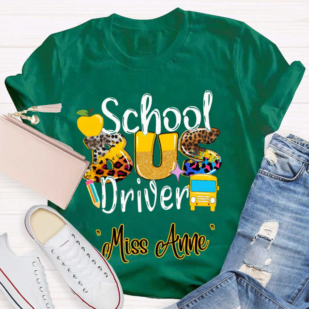 Personalized Name School Bus Driver Apple And Leopard Font T-shirt