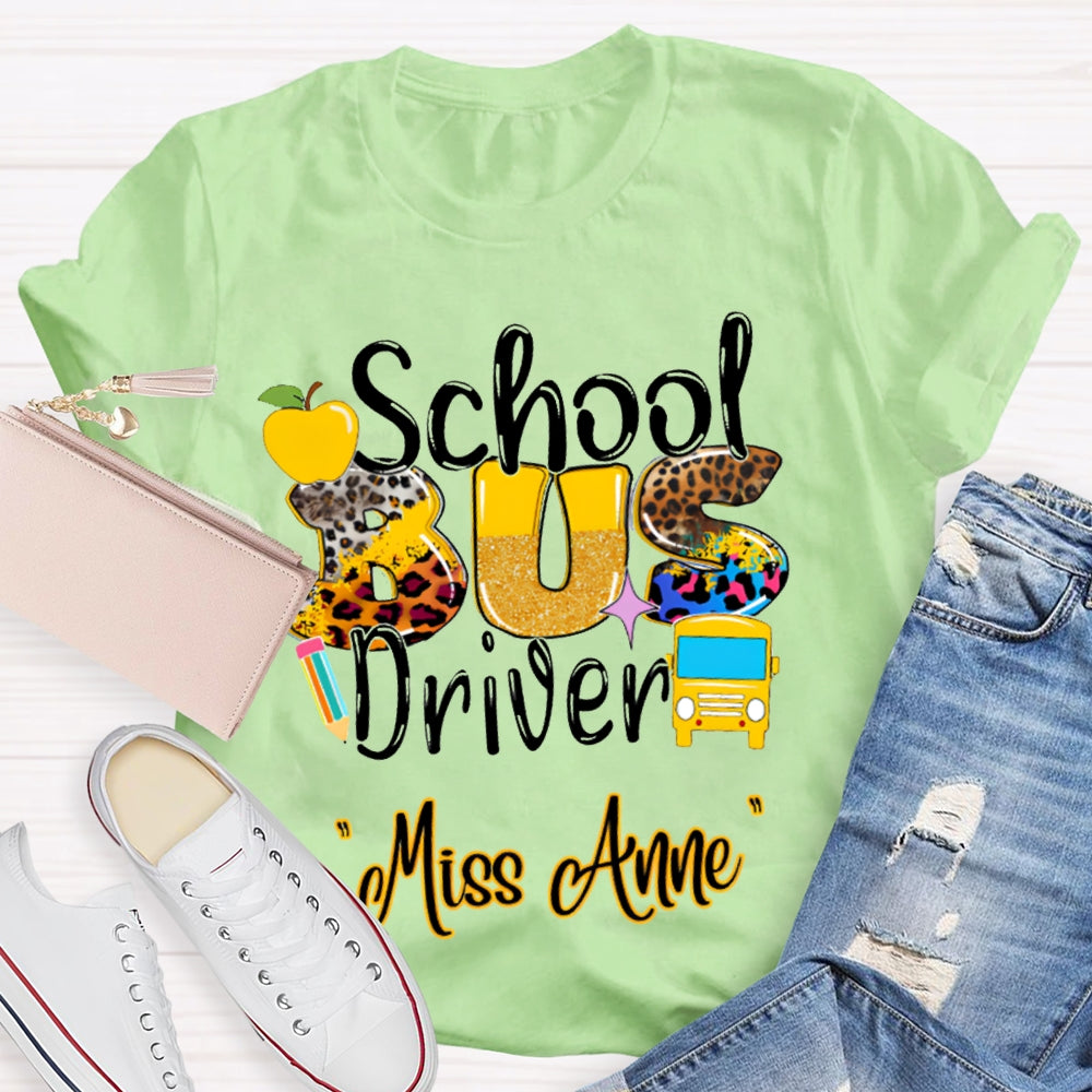 Personalized Name School Bus Driver Apple And Leopard Font T-shirt