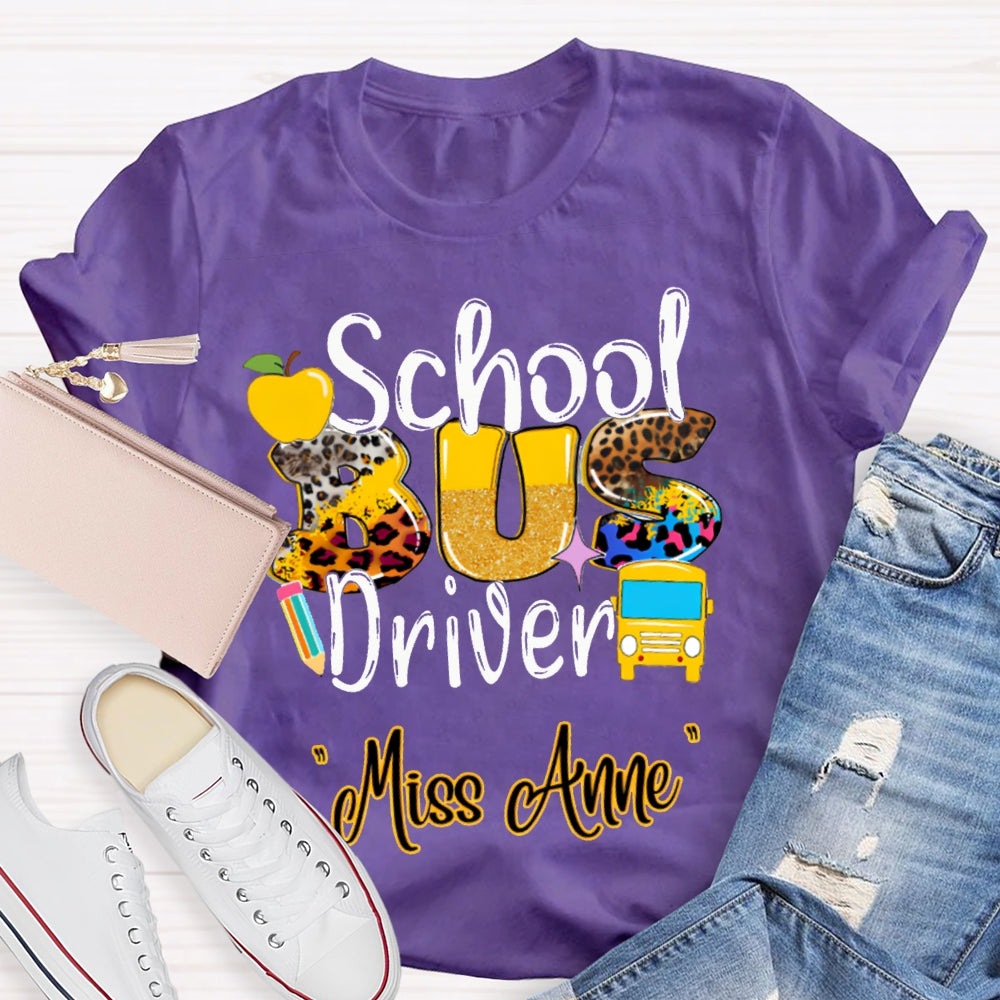 Personalized Name School Bus Driver Apple And Leopard Font T-shirt