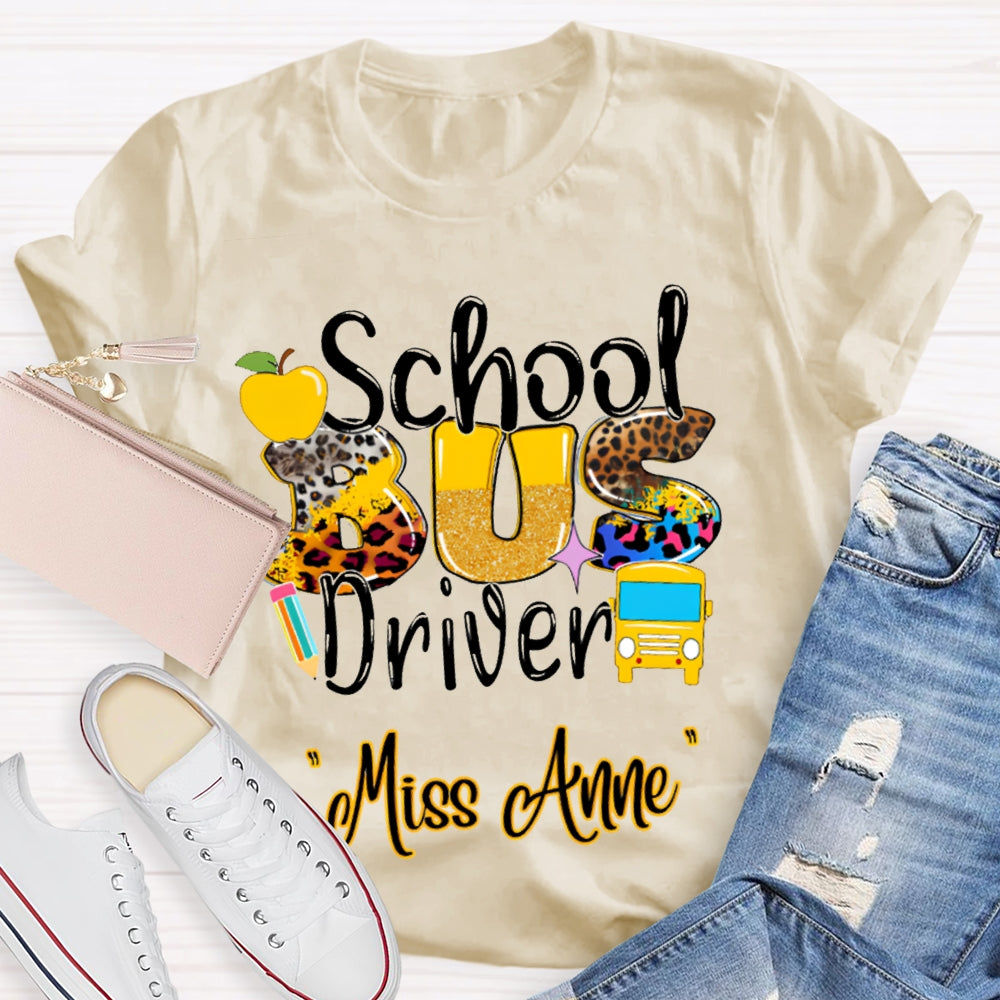 Personalized Name School Bus Driver Apple And Leopard Font T-shirt