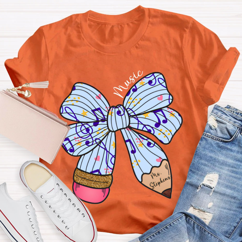 Personalized Name Music Teacher Musical Note Bow T-shirt