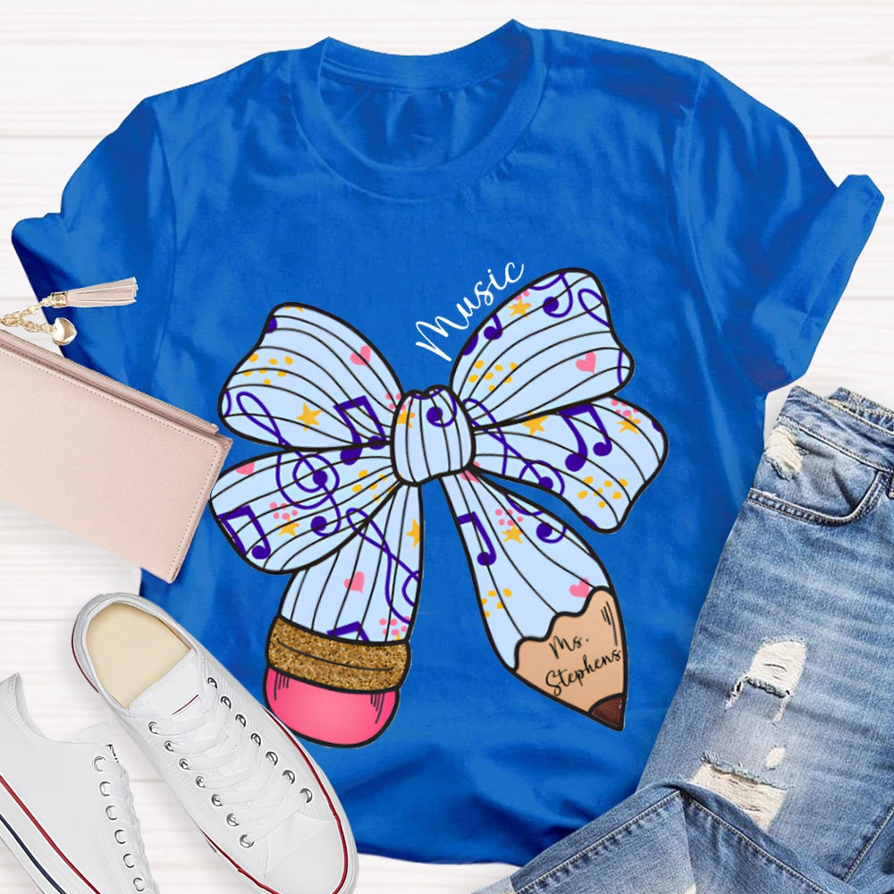 Personalized Name Music Teacher Musical Note Bow T-shirt