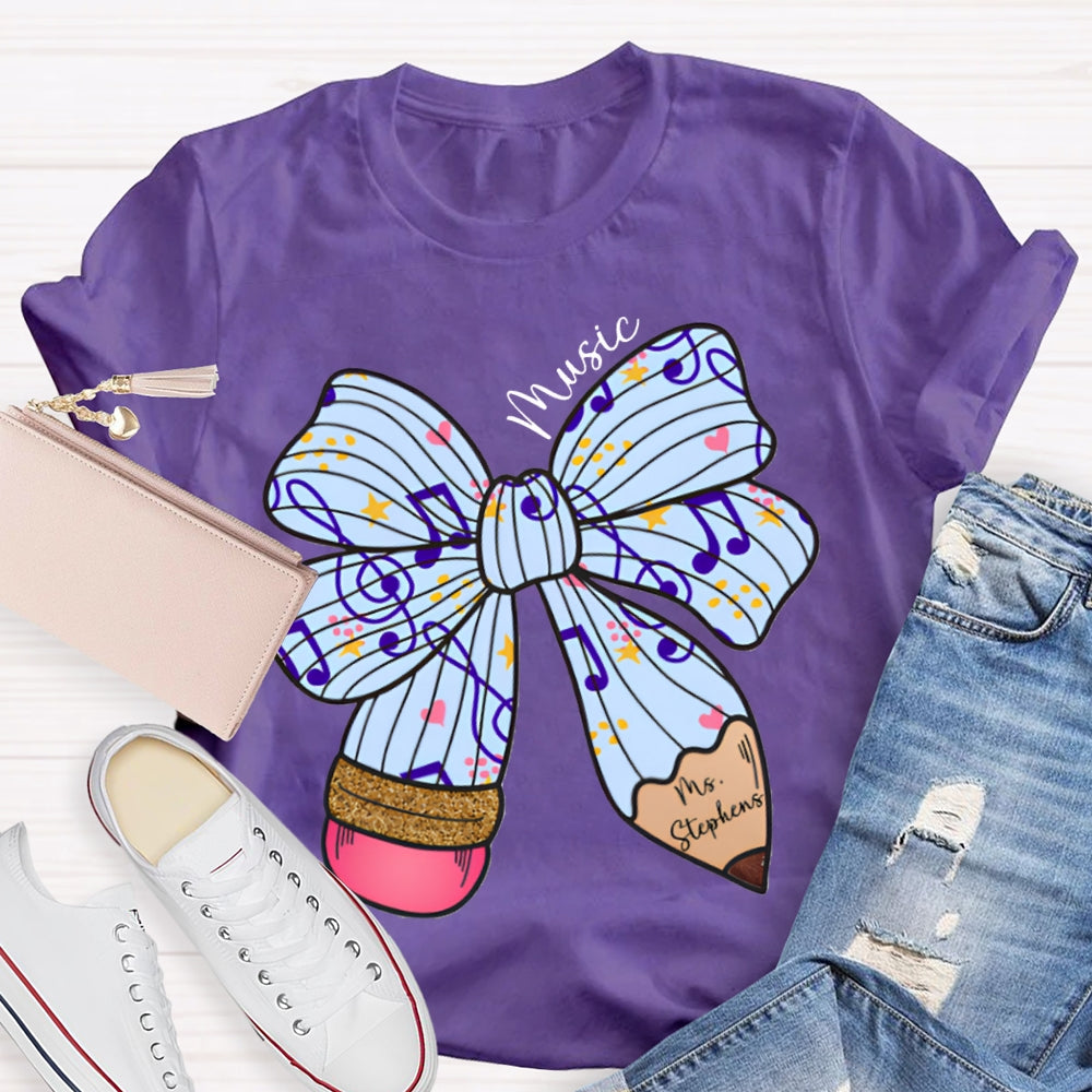 Personalized Name Music Teacher Musical Note Bow T-shirt