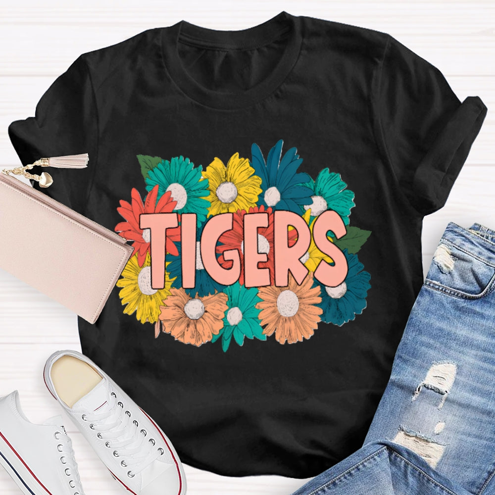 Personalized Mascot Tigers Colorful Flowers T-shirt