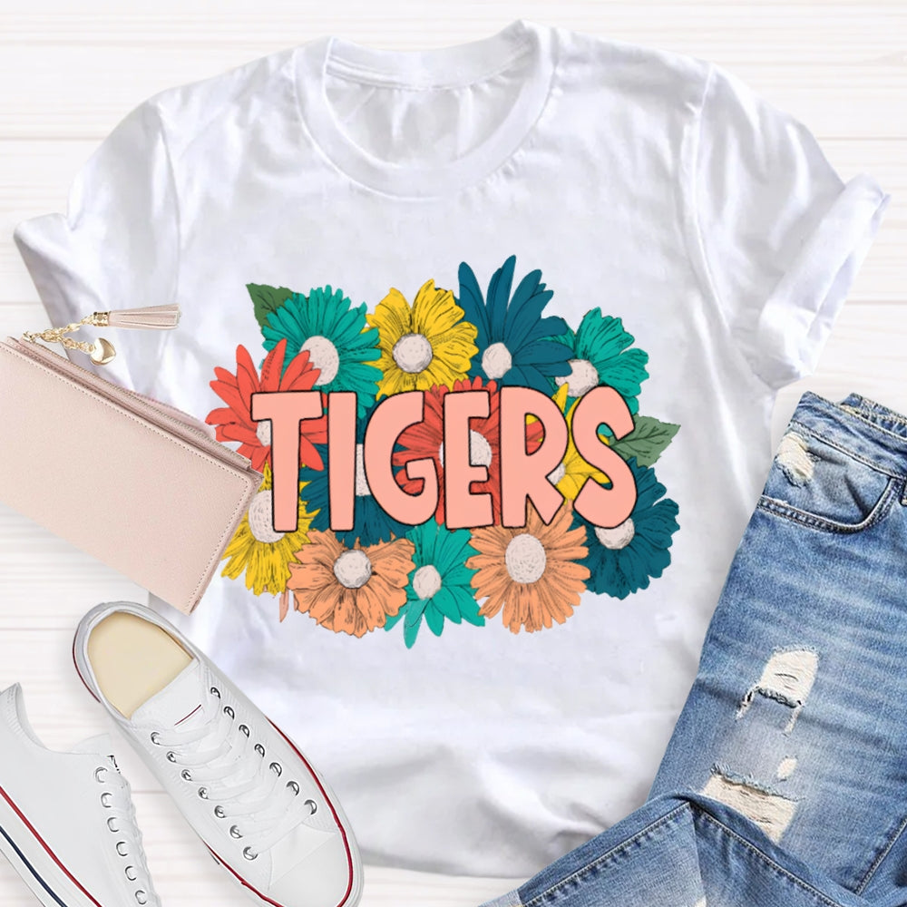 Personalized Mascot Tigers Colorful Flowers T-shirt