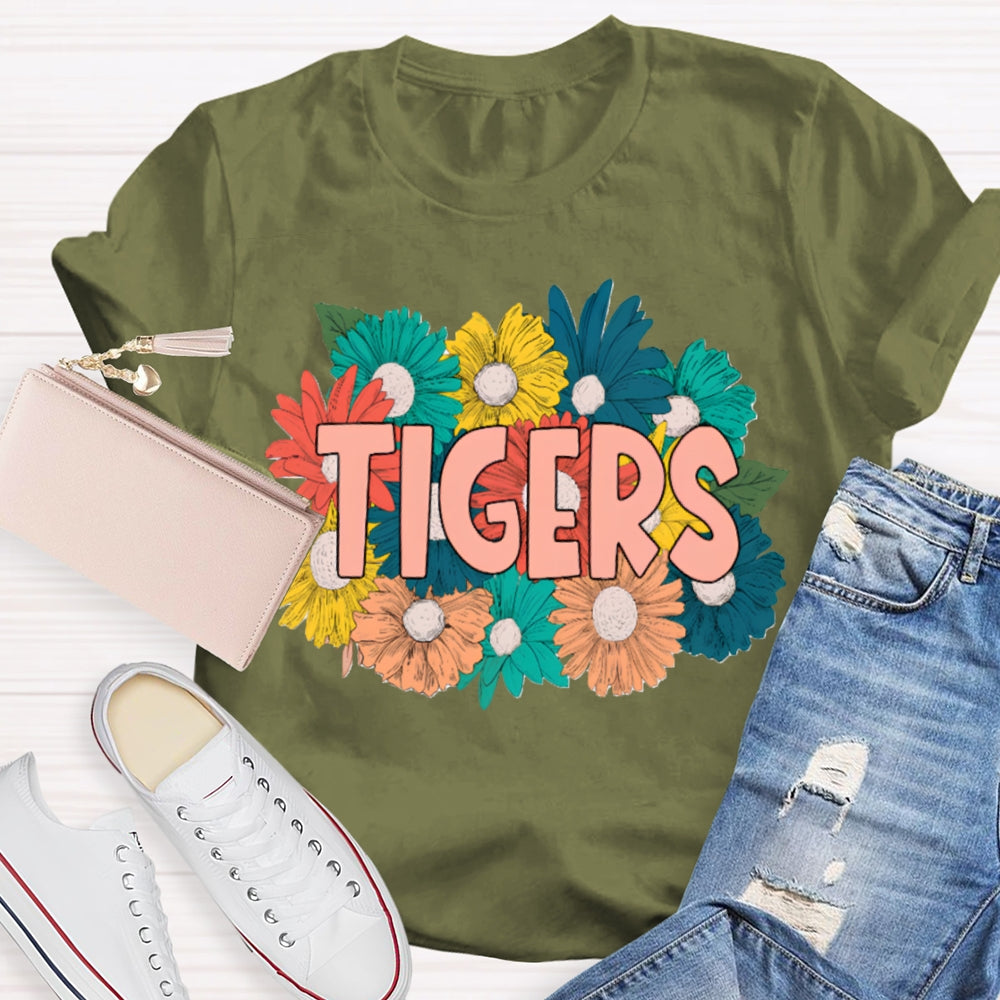 Personalized Mascot Tigers Colorful Flowers T-shirt