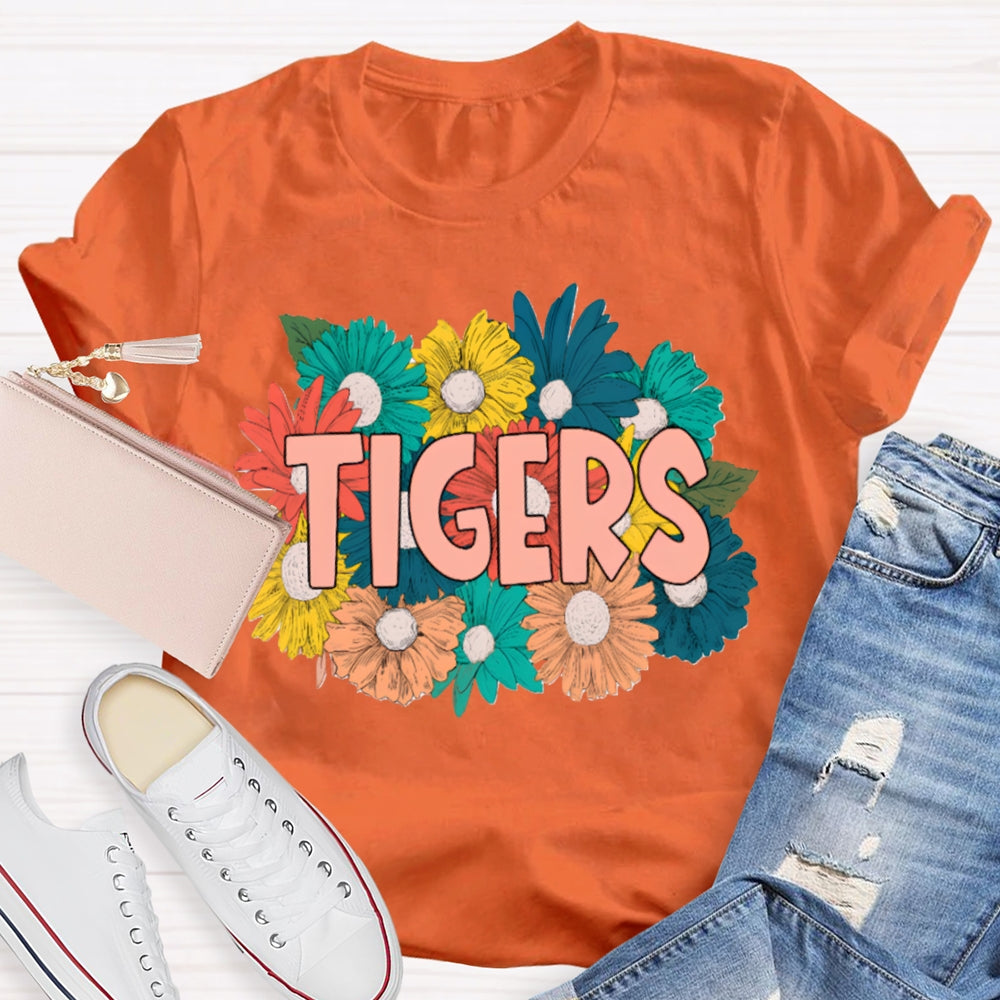 Personalized Mascot Tigers Colorful Flowers T-shirt