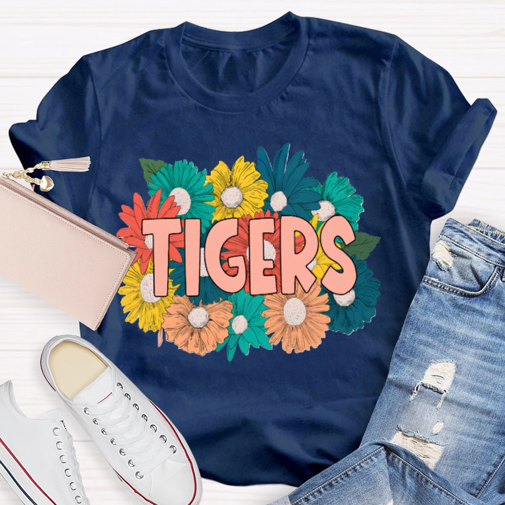 Personalized Mascot Tigers Colorful Flowers T-shirt