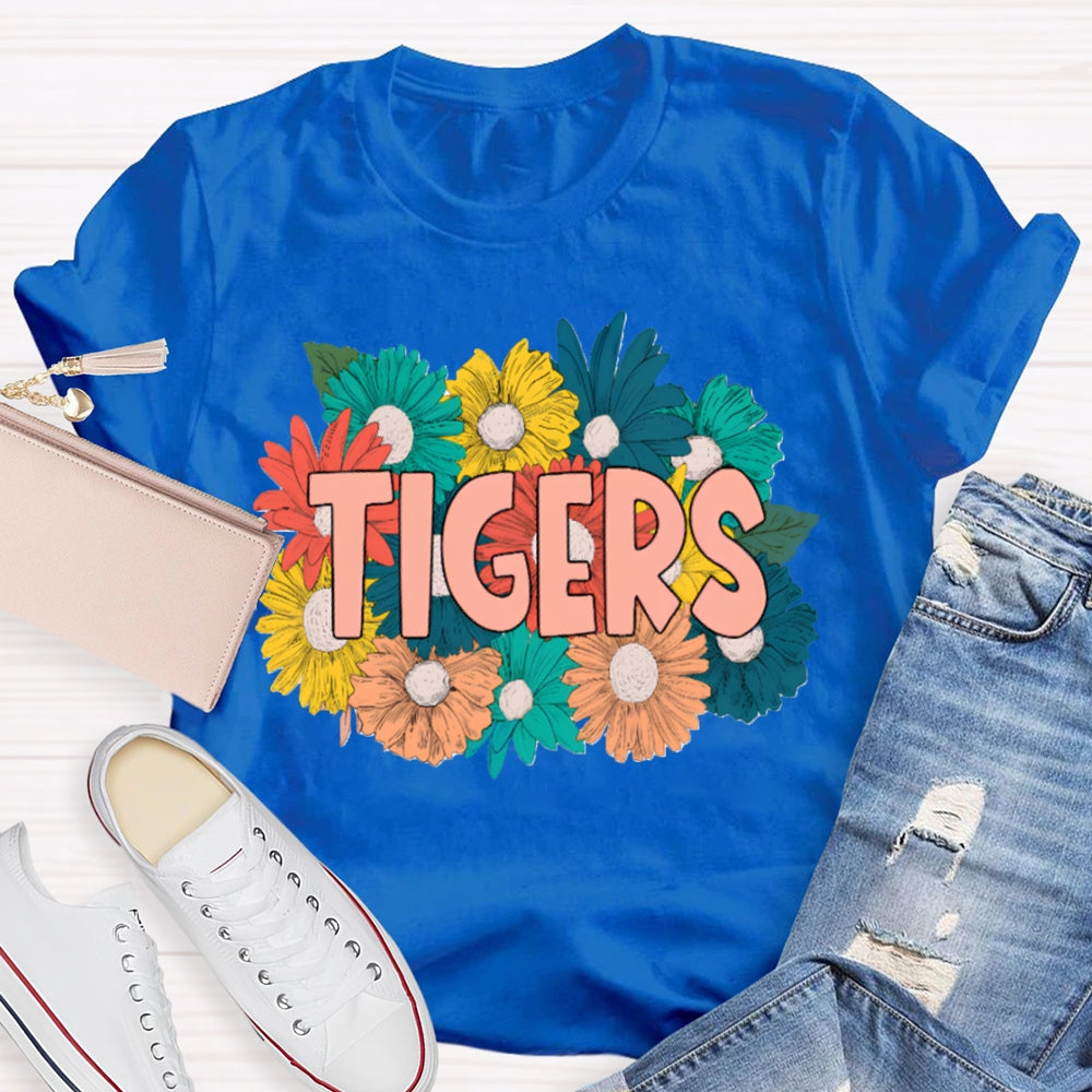 Personalized Mascot Tigers Colorful Flowers T-shirt