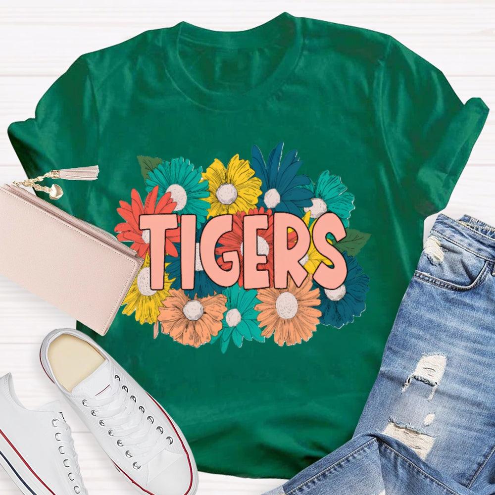 Personalized Mascot Tigers Colorful Flowers T-shirt